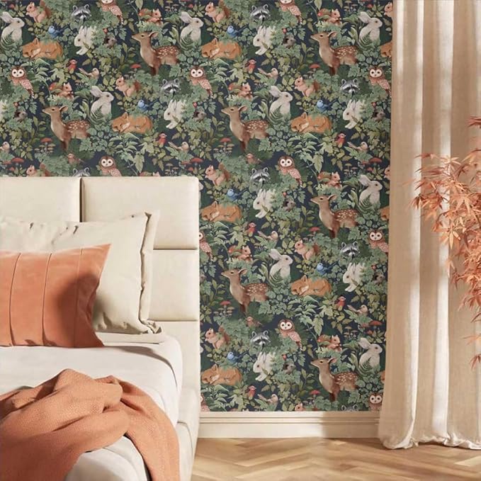 Animal Leaf Forest Deer Rabbits Squirrel Owl Green Plants Peel and Stick Wallpaper Self Adhesive Removable Easy Peel Off Contact Paper Stick on Wall Paper for Bedroom&Renter