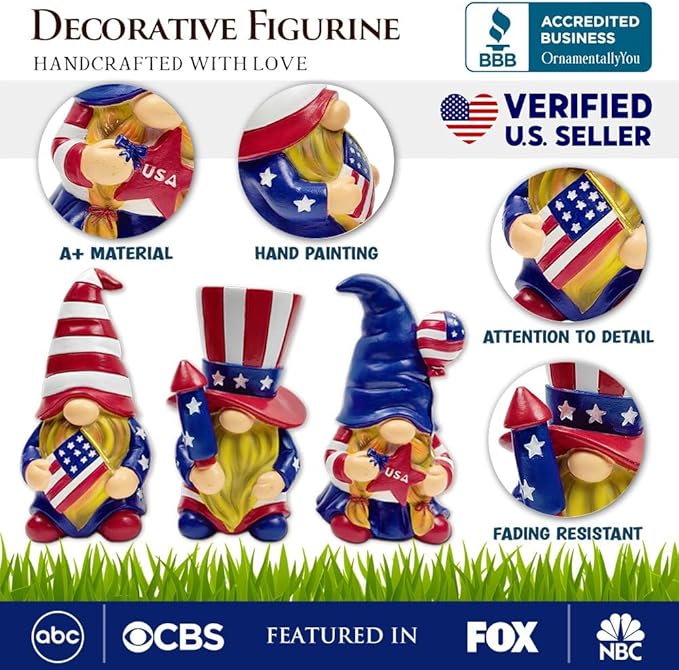 Spring & Summer-Themed Garden Statues – Adorable Outdoor Decor for Lawn, Patio & Porch (Patriotic Gnome Trio Figurines, 6" Set of Three Garden Statues and July 4th Decoration)