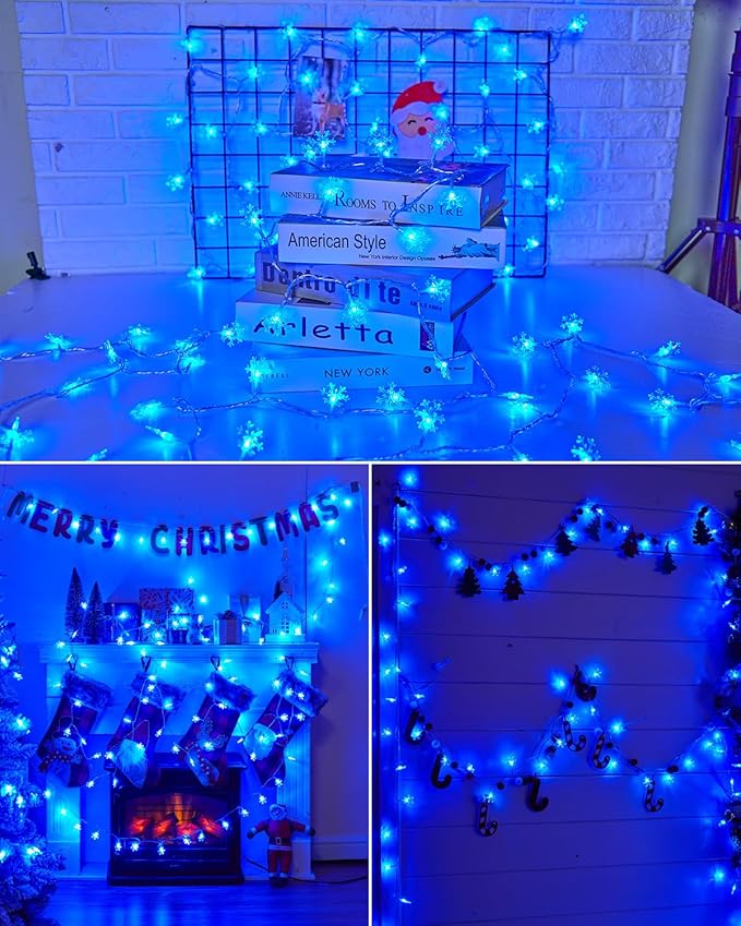 Solar Christmas Snowflake String Lights 2-Pack 100 LED 78FT Outdoor Waterproof Fairy Lights with 8 Lighting Modes for Wedding, Party, Tree, Room, Garden, Patio, Yard, Home(Blue)