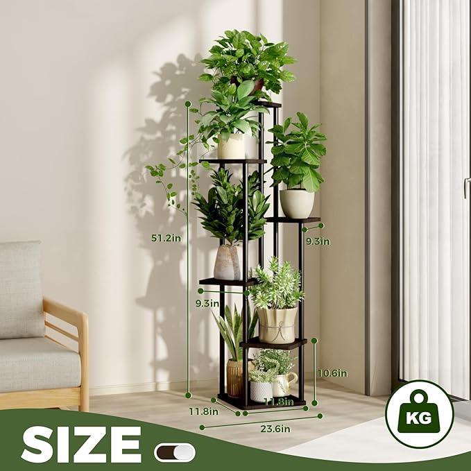 6 Tiered Plant Stand Indoor Corner Plant Shelf for Multiple Plants for Patio Garden Balcony Living Room Bedroom, Tall Metal Flower Pots Stand Relaxing for Women Gift Black Oak