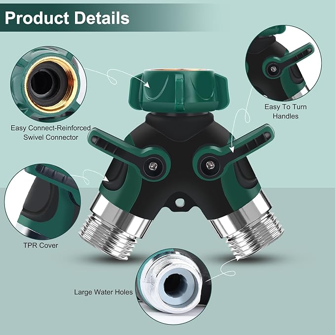 Hose Splitter, Garden Hose Splitter 2 Way Heavy Duty,3/4" Spigot Adapter Connector with 2 Kink Free Faucet Extension Hose Protector 6 Rubber Washers and PTEP Tape for Drip Irrigation, Lawns