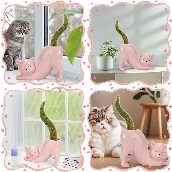 TOIVO Cat Planter Pot，Indoor and Outdoor Plant Displays，Funny Ceramics Cat Flower Pot，Cat Gifts for Cat Lovers，Lovely Office Desk Room Home Decor (Pink, Small)