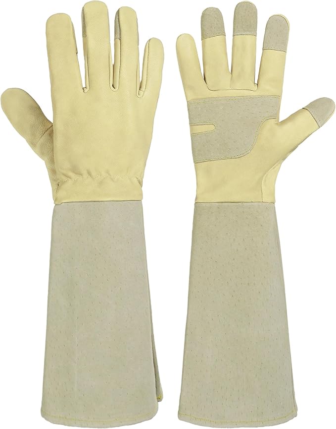 HANDLANDY Pruning Gloves Long for Men & Women, Rose Thorn Proof Gardening Gloves- Gardening Gifts for Gardeners (Beige- goatskin, Small (Pack of 1))