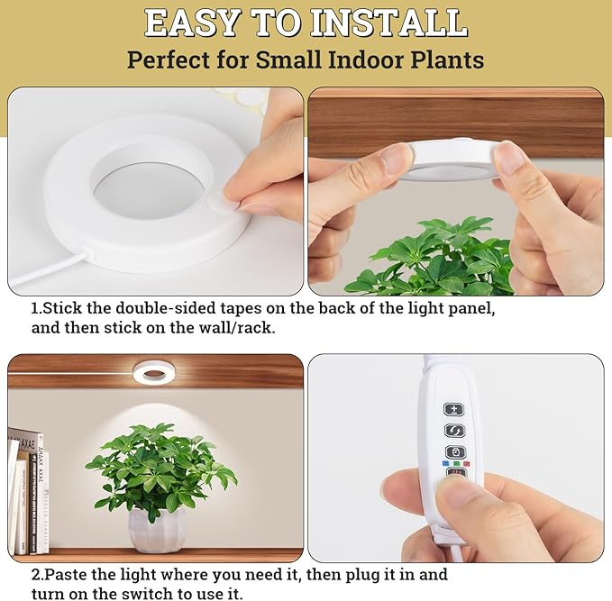 Ceiling Grow Lights for Indoor Plants, 48 LEDs Full Spectrum Halo LED Plant Light, with 3/9/12H Auto Timer Switch, 3 Colors,10 Dimming, Plant Lights for Small Plants, 1 Head