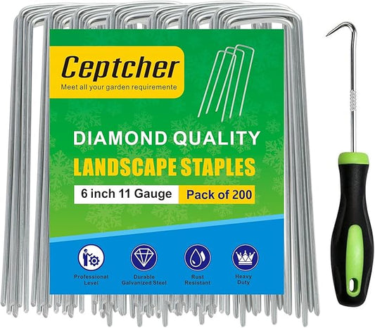 200 Pack Garden Stakes, Galvanized Landscape Staples, U-Shaped Tent Stakes, 6 inch 11 Gauge, for Securing Weed Fabric Barrier, Ground Cover, Irrigation Tubing, Artificial Turf (200)