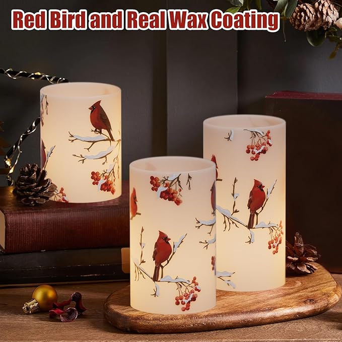 Cardinal Flameless Candles, 3 Pack LED Flickering Pillar Candles with Red Bird Decals, Real Wax Cardinal Home Decor for Halloween Christmas Decor(D3” x H4”5”6”)