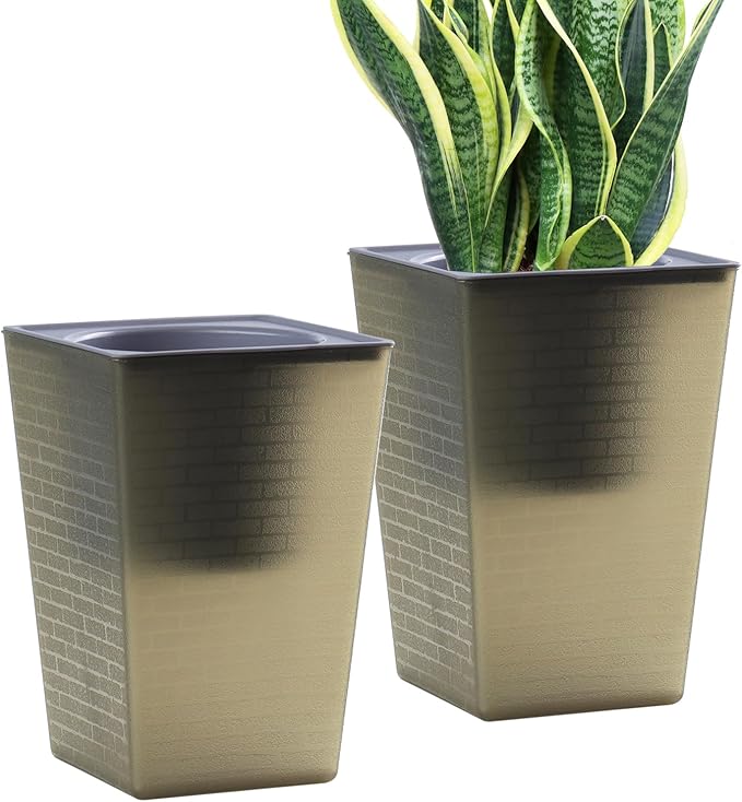 Self Watering Planter 2 Pieces 6 Inch, Plastic Flower Pots with Inner Pot Indoor Plants Brick Pattern Flowerpot for Indoor Plants, African Violets, Flowers, Herbs (Brown)