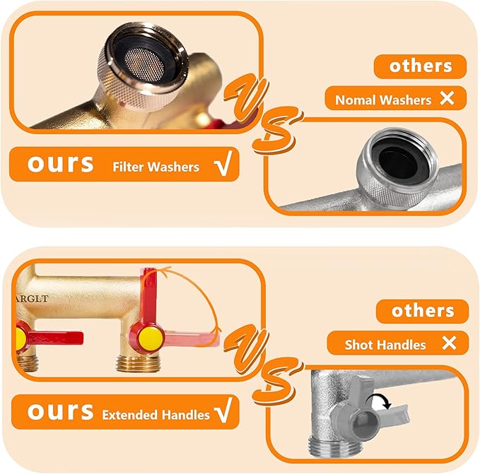 Brass Garden Hose Splitter,3 Way Hose Splitter with 3 Extension Handles, GHT 3/4”Outdoor Faucet Diverter for Irrigation System with Extra 1 Filter Rubber Washers 3 Quick Connectors 1 Tape