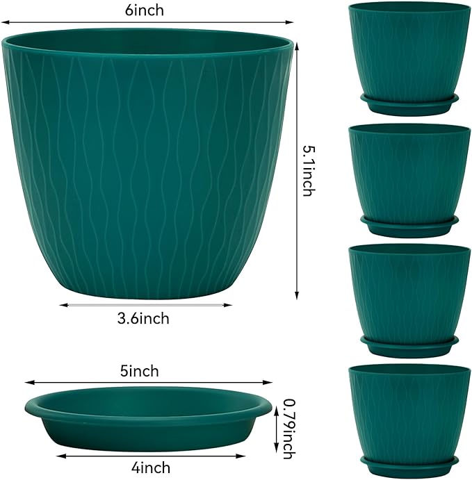 Plant Pots – 6 Inch Planters with Drainage Holes and Saucers, Flower Pots for Indoor and Outdoor Plants, Nursery Planting Pots (Pack of 5, Blue)