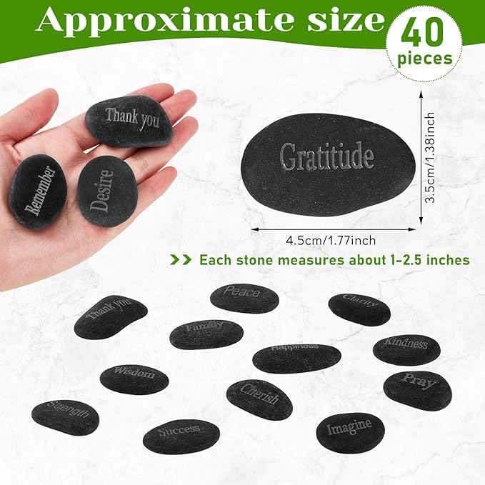 Fabbay Engraved Inspirational Stones Encouragement Motivational Rocks with Words Garden Positive Gift for Christmas Thanksgiving(Black,40 Pcs)