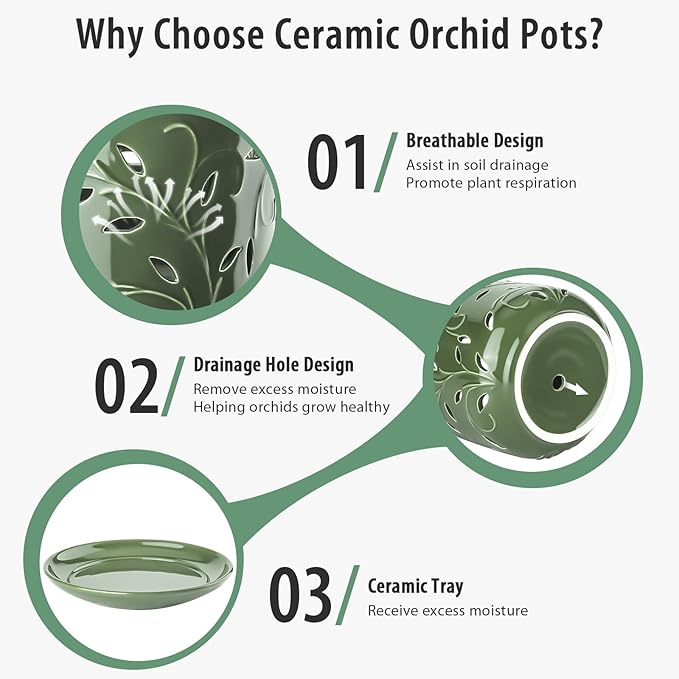 EFISPSS Orchid Pots with Holes, 7 Inch Orchid Pots with Drainage Holes and Tray, Indoor or Outdoor Large Pot for Orchid Care,Durable for Repotting or New Plants - Green