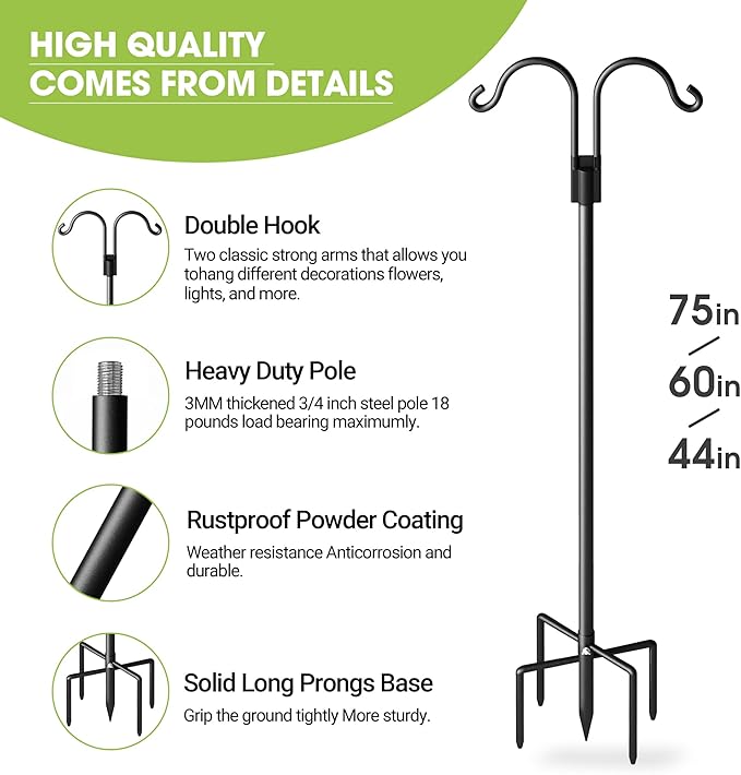 Double Shepherds Hooks for Outdoor, Heavy Duty Bird Feeder Pole with 5 Prong Base, Adjustable Shepards Hook for Outside, Garden, Weddings, Hanging Plant, 2 Pack