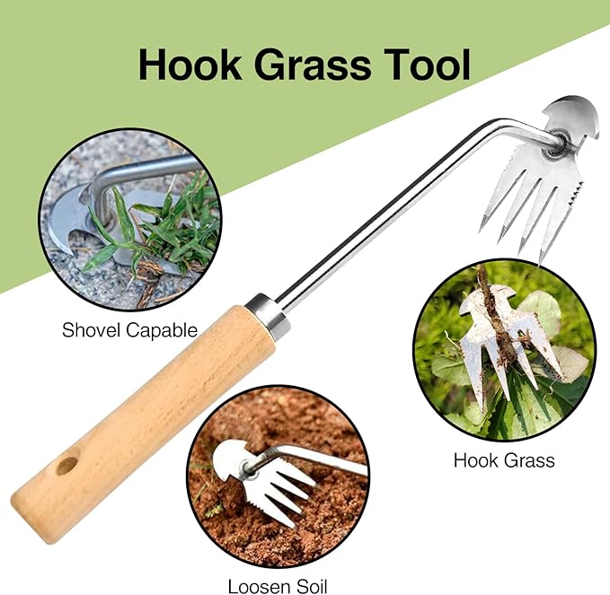 2Pcs Dritnow Weed Puller Tool and Crack Weeder, Paver Crevice Uprooting Weeding Removal Tool, 4 Claw Manual Pulling Weeders with Wood Handle for Garden, Driveway and Sidewalk