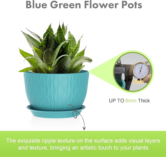Large Plant Pots 12/10/9 inch, 3 Pack Big Flower Pots for Outdoor Indoor Plants with Water Ripples, Wide Plastic Planters with Drainage Holes and Saucers for Garden Home Decor, Blue Green