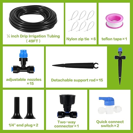 Depel Drip Irrigation Kit,49ft Quick Connect Garden Watering System Raised Bed Watering System Automatic Irrigation System with 1/4"Tubing, Sprinkler Nozzles for Greenhouse Patio Plants