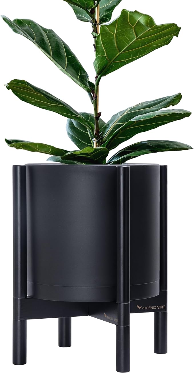 D'vine Dev Planter Pot with Stand - 12 Inch Plastic Cylinder Flower Pot with Wood Planter Holder for Indoor, Matte Black Pot + Ebony Stand, 55-C-Q-2