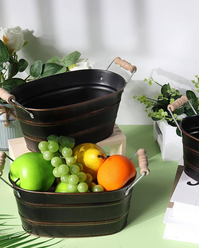 Galvanized Oval Planter Tubs for Outdoor Plants - Farmhouse Small Metal Tin Buckets with Drain Hole & Rubber Plug Medium Plant Containers with Handles Vintage Style for Decor, Set of 3 (Black)