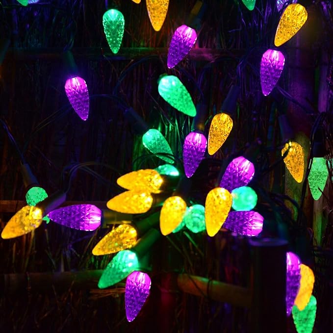 Solar Mardi Gras Lights, Yellow Green Purple Decor Lights, 100 LEDs 8 Modes Waterproof Solar Outdoor C6 Strawberry Garden Lights for Mardi Gras, Camping, Holiday, Arbor, Fence, Balcony Decorations
