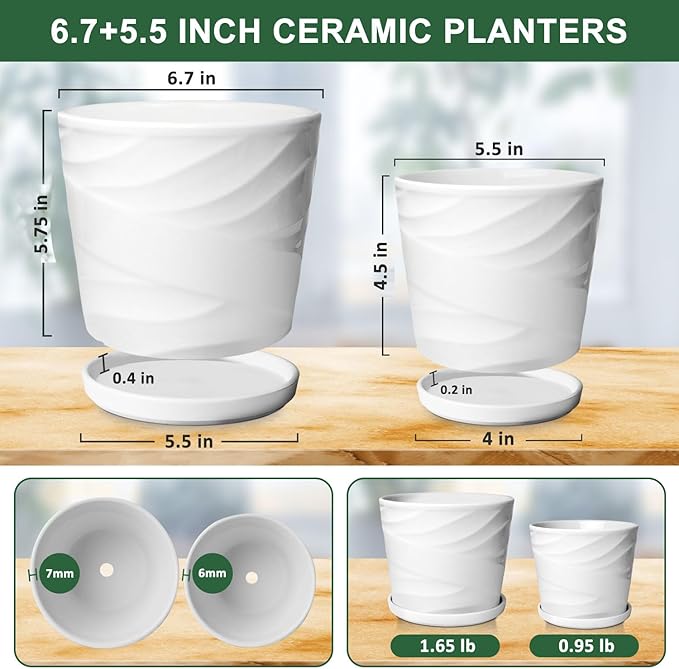 6.7 + 5.5 Inch Plant Pot, Ceramic Planter with Drainage and Saucer，Ceramic Pots for Plants, Indoor Plant pots，Succulent Orchid Flower Pot(Pure White)