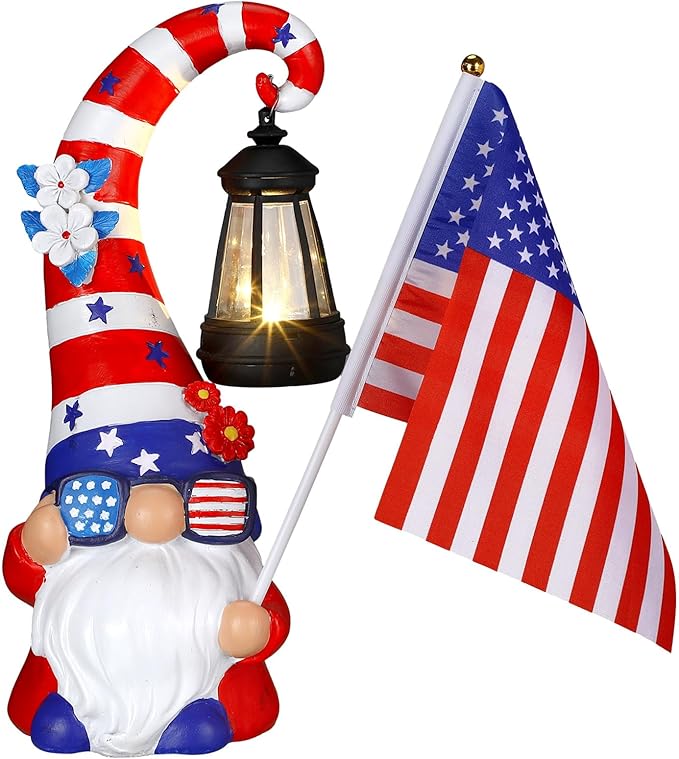 VIHOSE 11.8 Inch 4th of July Patriotic Solar Gnomes Statues USA Solar Gnome Outdoor Figurine Lights for Outside Lawn Ornaments Garden Porch Patio Balcony Yard Fourth of July Gifts for Mom Women