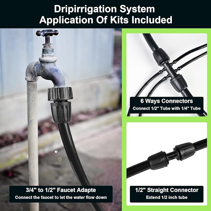 50FT 1/2 Inch Drip Irrigation Tubing Main Line Hose Tube, Drip Line Irrigation System Includes 2pcs 6-Way Connector & 1/2" Straight Connector & 3/4" to 1/2" Faucet Adapter for Garden Watering