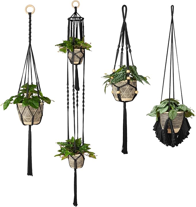 ANROYE Macrame Plant Hanger for Indoor Set of 4, Bohemian Hanging Planter with Tassels for Flower Pot, Boho Decorative Houseplant Rope Holder for Home Decor Bedroom Window Farmhouse