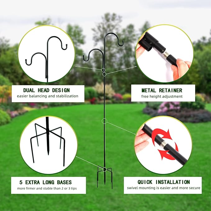 Double Shepherds Hooks for Outdoor, Bird Feeder Pole with 5 Prongs Base, Heavy Duty Garden Hook for Lantern, Wind Chime and Hummingbird Feeder, 45 Inch, 1 Pack