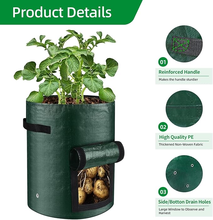 10 Gallon 3-Pack Potato Grow Bags, Heavy Duty PE Fabric Pots with Flap and Handles, Green Planter Bags for Potato Vegetables Outdoor Garden, 17.7''x13.8'' Large for All Plants Growing