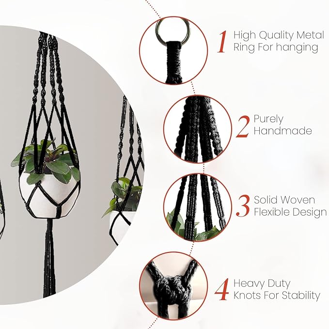 Macrame Plant Hangers - 6 Pack, Black, Indoor/Outdoor, Cotton