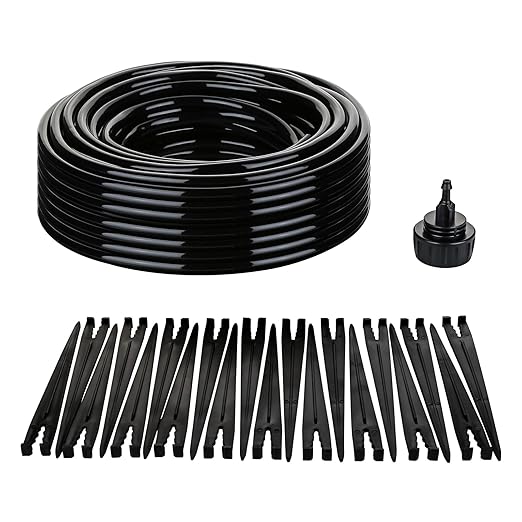 1/4 inch Drip Irrigation Tubing 65 FT Roll, 20 Pcs 1/4" Drip Irrigation Tubing Support Stakes,1 Pcs 3/4" to 1/4" Drip Irrigation Hose Connector