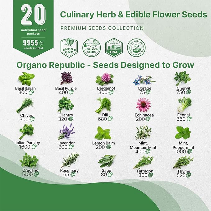 Organo Republic 20 Culinary Herbs & Edible Flower Seeds Variety Pack for Planting Indoor & Outdoor. 9500+ Non-GMO Heirloom Flower Garden Seeds: Basil, Borage, Echinacea, Lavender, Oregano Seeds & More