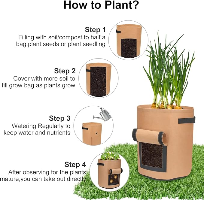 4 Pack 10 Gallon Potato Growing Bags with Flap, Breathable & Durable, Nonwoven Fabric, Ideal for Indoor/Outdoor Use