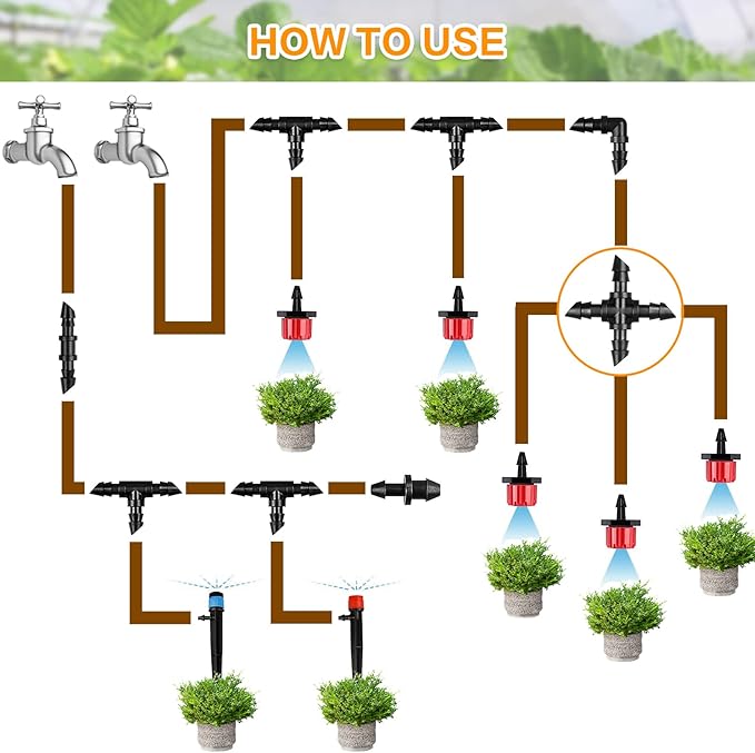 Drip Irrigation Cross Fittings：45 Pieces Barbed 4-Way Cross Irrigation Parts with Sharp End Fits for 1/4 Inch Drip Irrigation Tubing Drip Line Cross Tee Connectors for Garden Lawn