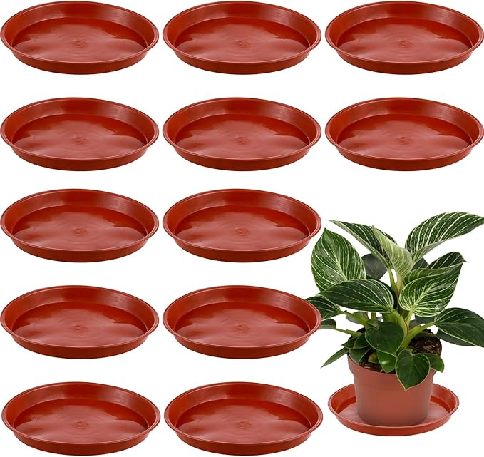 12 Pack Bottom 6 Inch Plant Saucers for Indoors Outdoors Plastic Plant Water Catcher Trays No Holes Round Flower Pot Drip Trays, Heavy Duty Plant Pot Saucers Water Drainage Trays, Terracotta