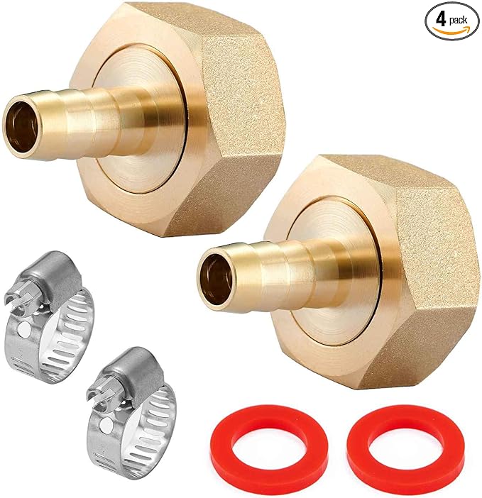 4PCS Premium Brass Water Hose Pipe Swivel Connector,1/2" Barb x 3/4 inch Female GHT Adapter,Copper Fitting with Stainless Clamp for House/Boat/Lawn/Power Wash/Irrigation