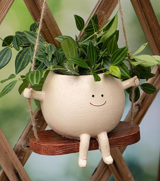 Hanging Planter,Cute Swinging Planter with Smiley Face, for Indoor/Outdoor Plants,Swinging Plant Pot Hanging with Drainage Hole, (Swing,Khaki)