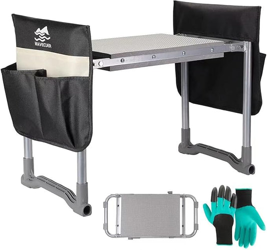 Garden Kneeler and Seat, Foldable Garden Stool 10.2" Width, Heavy Duty Knee Seat for Gardening with 2 Tool Pouches & Gloves, Gardening Accessories for Women, Grandparents, Seniors (Black)