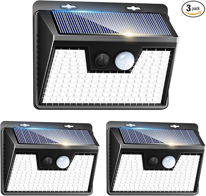 Peasur 140LED Solar Powered Lights Outdoor Waterproof, 3 Packs Motion Sensor Light Ultra-Bright, 3 Modes Fence Security Lighting for Outside Yard Wall Deck Step Garden(Cool White)