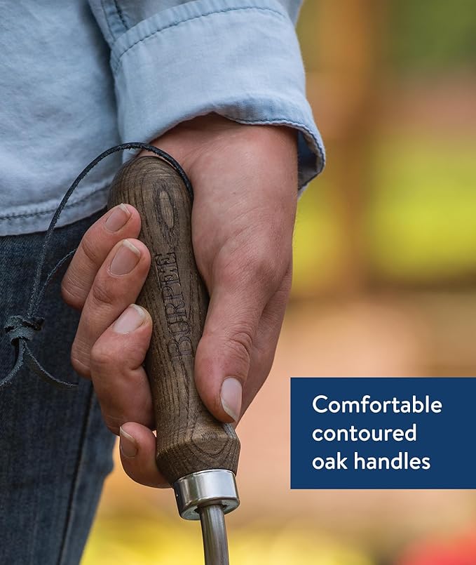 Burpee Complete 7-Piece Set of Stainless Steel Garden Bulb Planter, Rake, Dibbler, Soil Scoop, Transplanter, Weeder, Trowel | Hand Tools with Leather Strap for Storage