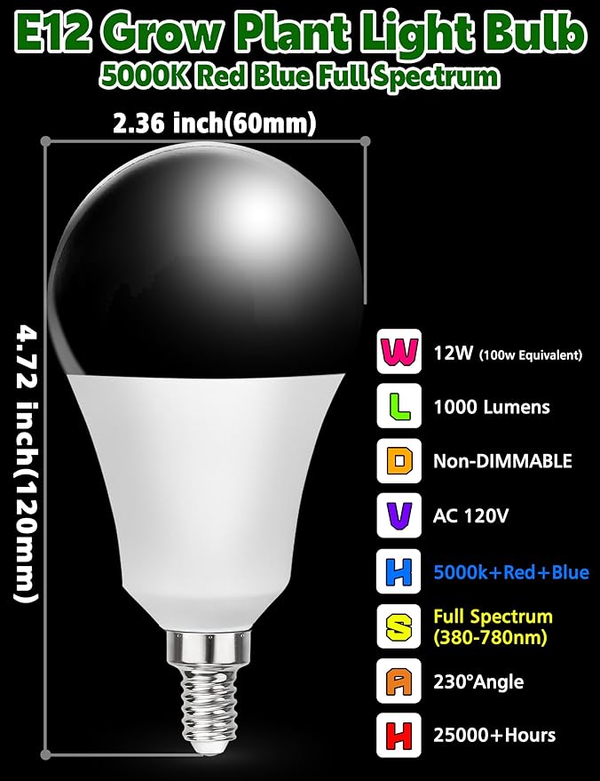 2 Pack E12 Small Candelabra Base LED Grow Light Bulbs Full Spectrum, 12W Sun Grow Plant Light Bulb 100w Equivalent, Balanced Spectrum 5000K Red Blue Grow Bulb for Flower, Seed Starting, Indoor Growing