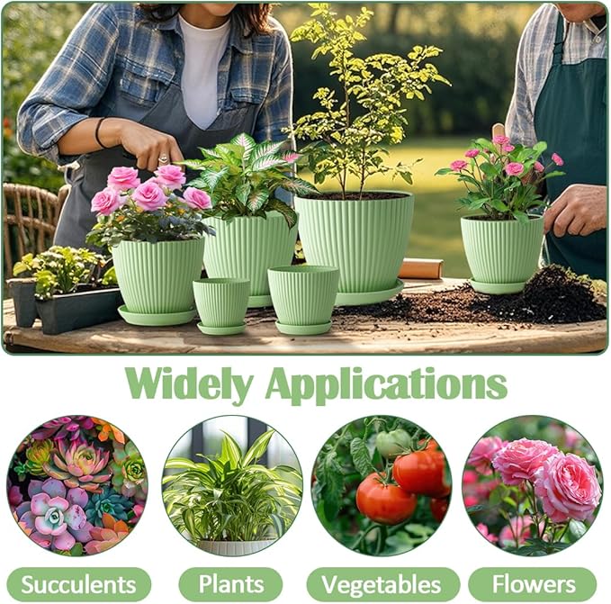 Plant Pots with Drainage Holes and Tray Saucer 7.5/6.5/5.5/4.9/4.2/3.5 Inches Flower Pots - 6 Pack Thick and Sturdy Planters for Indoor Plants Such As Orchid, Succulent and Herbs, Green
