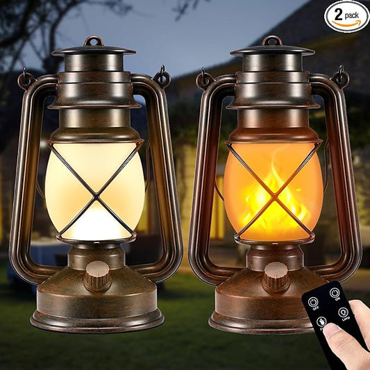Battery-Powered LED Lanterns Decorative Outdoor & Indoor,2 Pack Bronze Vintage Lanterns with Dancing Flame,Retro Style Lantern Decor for Room Waterproof Remote Control Lanterns Decor for Garden,Porch