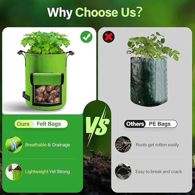 6 Pack Potato Grow Bags 20 Gallon with Flap, Grow Bags for Growing Potatoes, Durable Fabric Garden Planter Pots with Harvest Window for Vegetable & Fruits, Black & Green