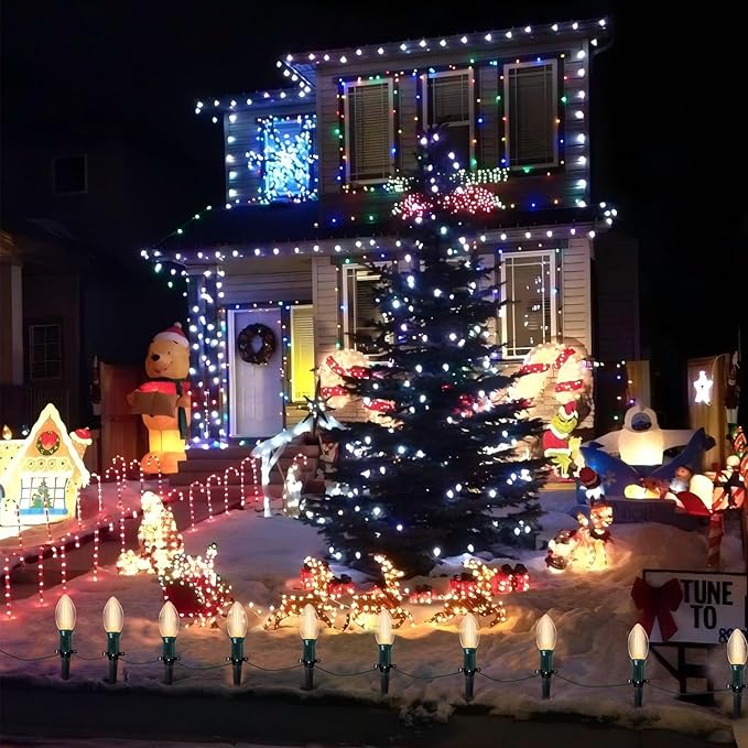 C9 Led Christmas Pathway Lights Outdoor, 38Ft 25 LED C9 Warm White Pathway Marker Stakes Lights, Connectable Christmas Walkway Lights UL Listed for Yard Lawn Sidewalk Driveway Christmas Decorations