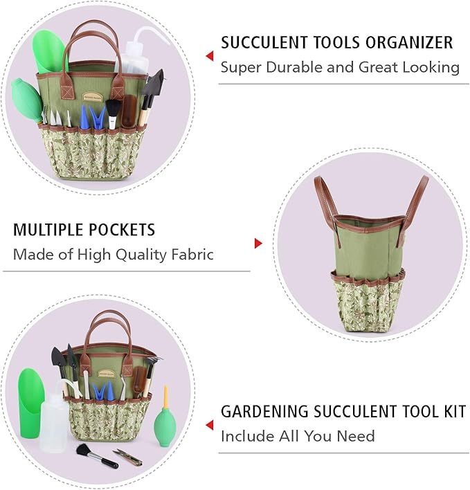 G GOOD GAIN Garden Succulent Kit with Organizer Bag, Indoor Mini Hand Gardening Tool Set, 14 Pieces Tools for Bonsai Planter Miniature Fairy Planting Care(Honeysuck)