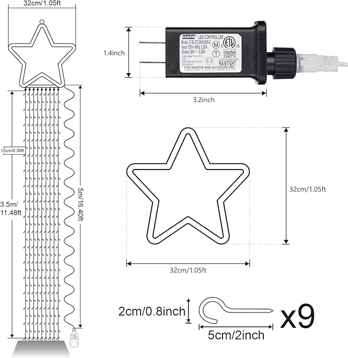 Toodour Christmas Decorations Outdoor Star Lights, 317 LED 10ft X 9 Waterfall Tree Lights with 12" Topper Star, 8 Lighting Modes Outside Christmas Lights for Yard Garden Holiday Decor (Multicolor)