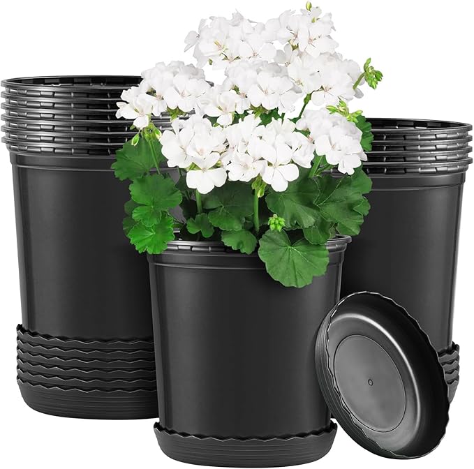 GROWNEER 12 Set 6‘’ 1 Gallon Nursery Pot for Plants Flexible Flower Pots with Drainage Hole and Saucer, Plant Container for Indoor Outdoor, Seedlings, Vegetables, Succulents, Cuttings(Black)
