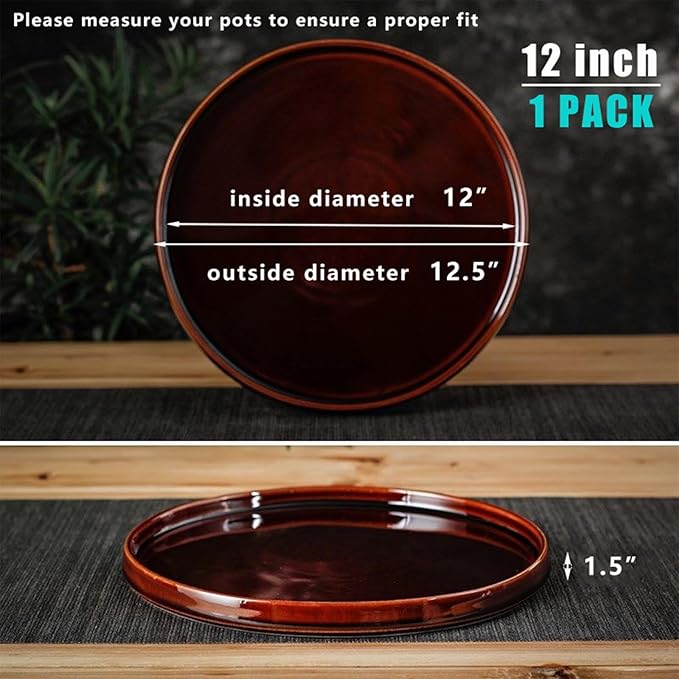 Ceramic Plant Saucer 12 Inch, Round Plant Trays for Indoors/Outdoors, Flower Pot Saucers for Holding Water Drips and Soil, Ceramic Drainage Tray for Plant Pot (Brown)
