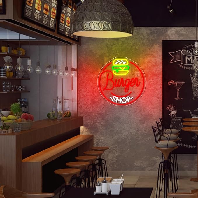 Hamburger Shop Neon Sign Hamburger Neon Signs for Wall Decor Dimmable Hamburger Neon Lights LED Light Up Sign for Hamburger Shop,Bar,Restaurant,Food Shop,Pub Decoration