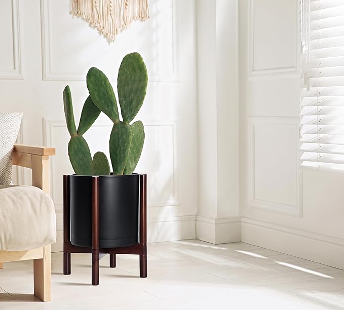 D'vine Dev Planter Pot with Stand - 12 Inch Plastic Cylinder Flower Pot with Wood Planter Holder for Indoor, Matte Black Pot + Mahogany Stand, 55-C-O-2